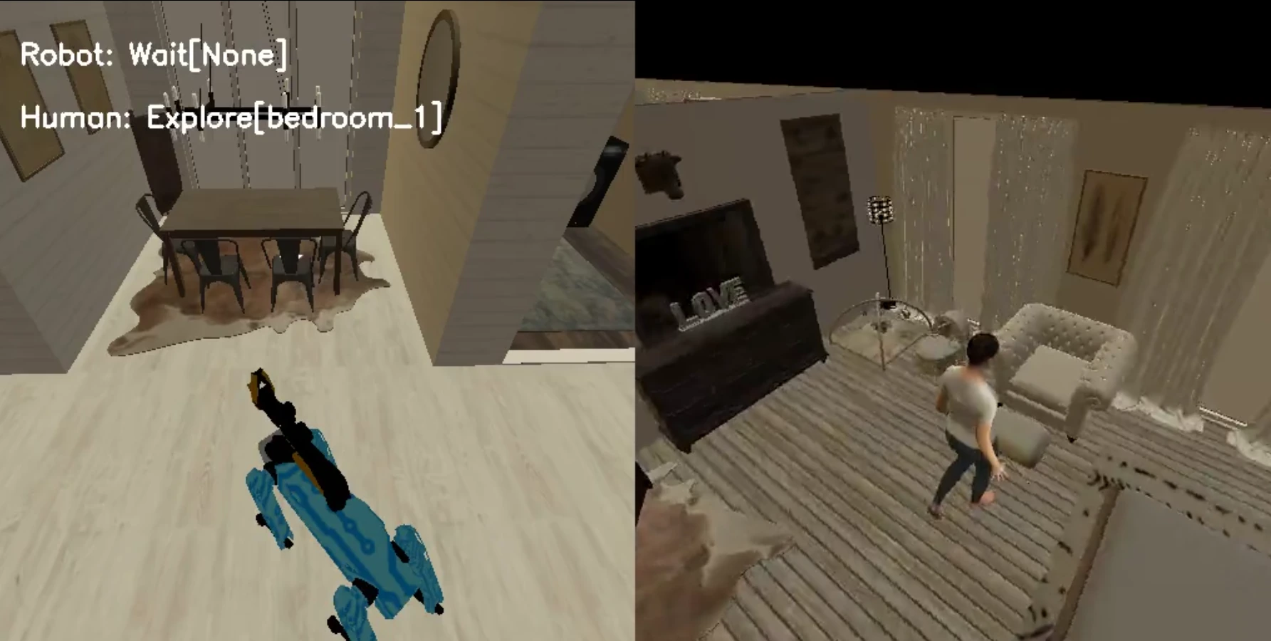 Habitat-Sim Explore stage showing the robot and human surveying the bedroom scene.