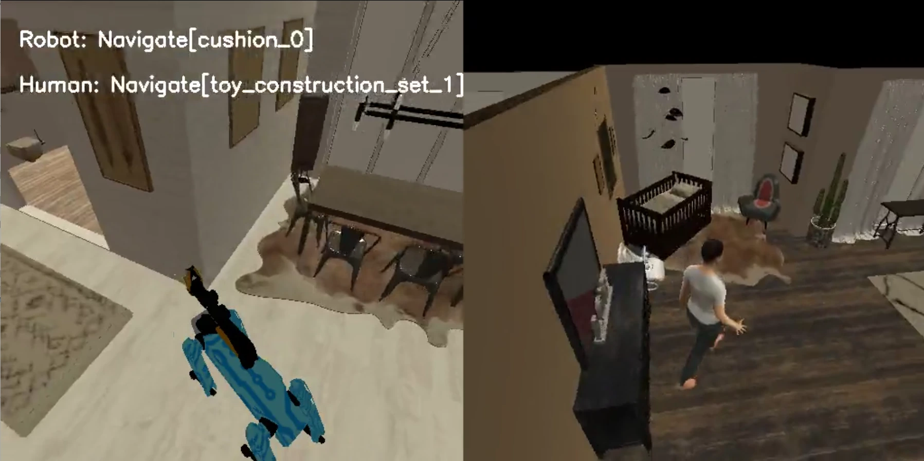 Habitat-Sim Navigate stage showing the robot and human moving toward the target object.