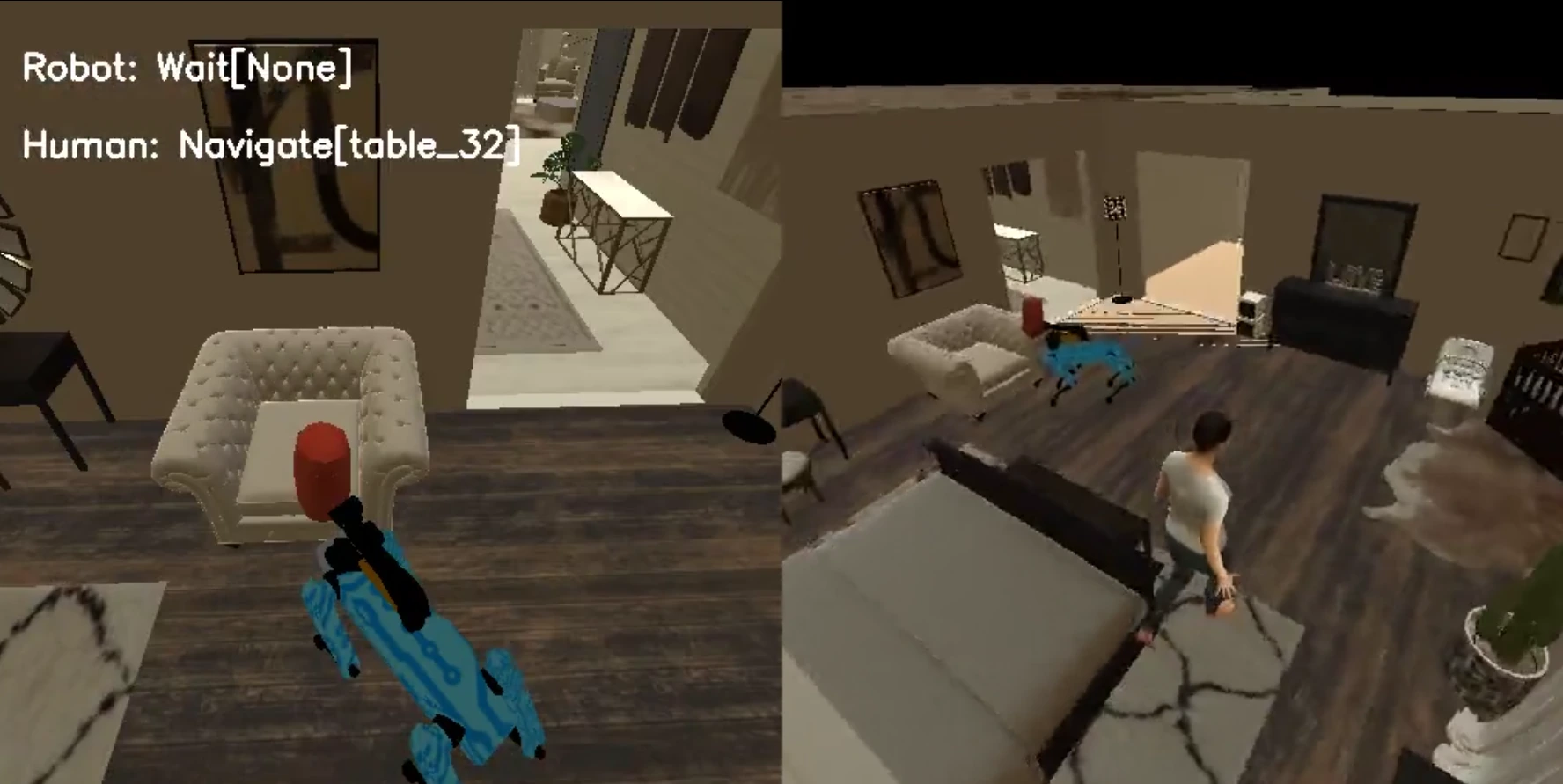 Habitat-Sim Pick stage showing the robot collecting the target object.
