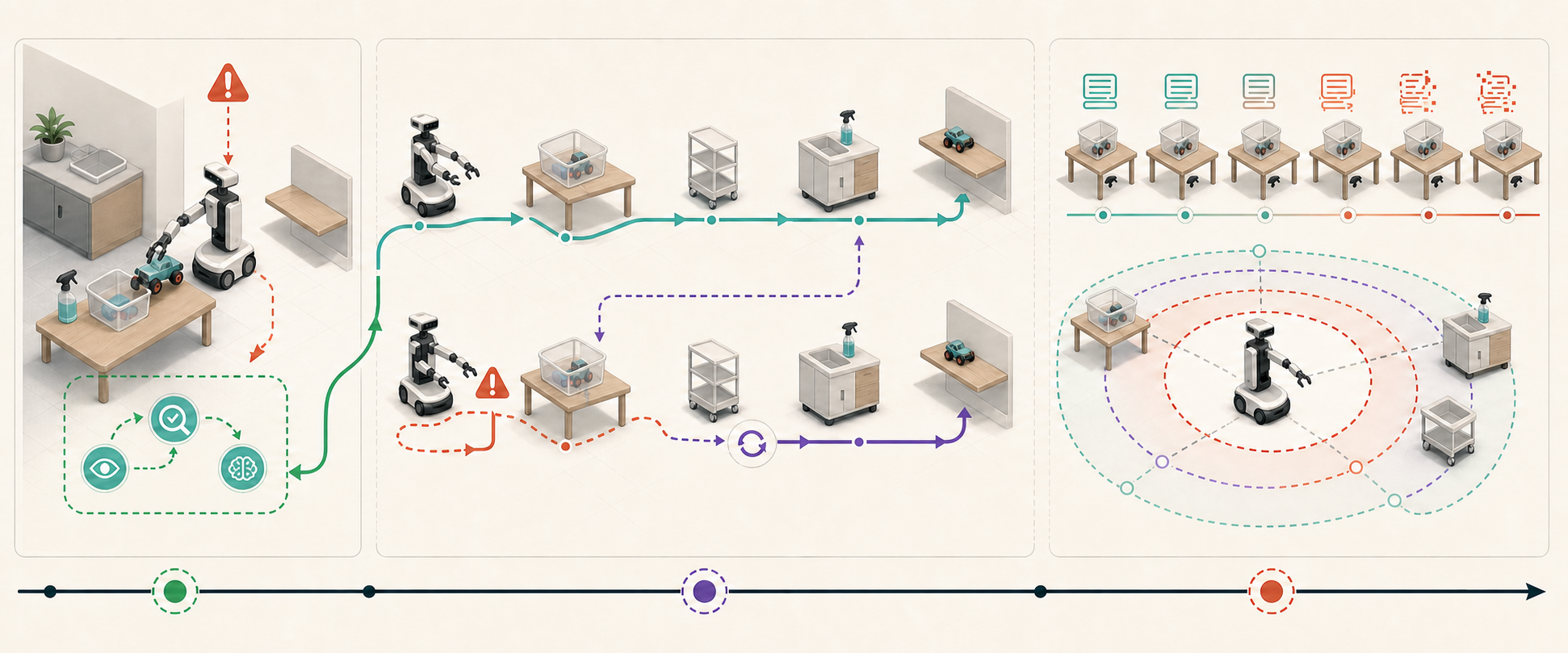 Conceptual illustration of the full embodied-agent execution process, with the Rebound zone emphasized: stress interrupts object handling and a diagnosis, perception, and replanning loop restores execution.